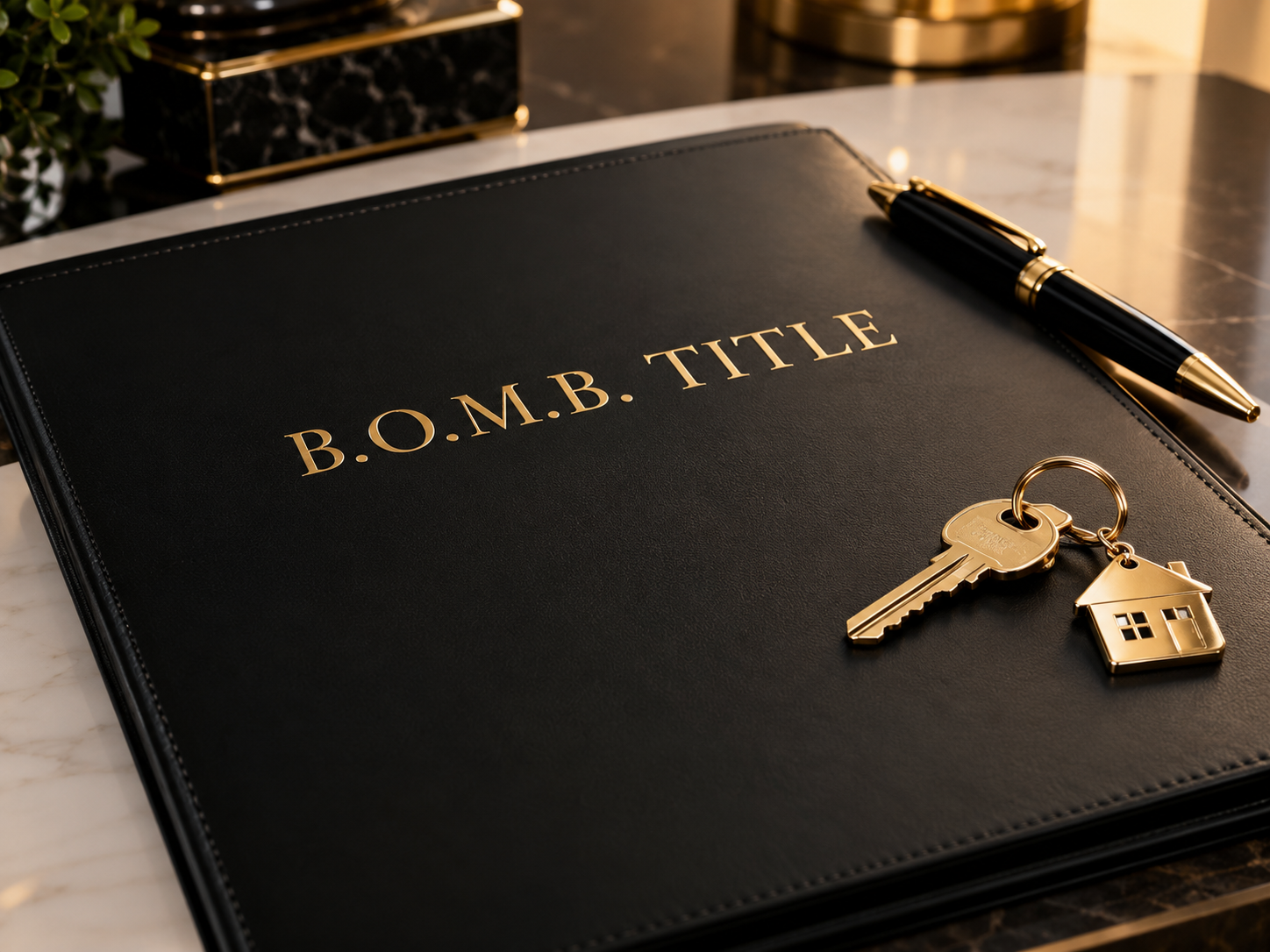 B.O.M.B. Title closing folder with keys and pen