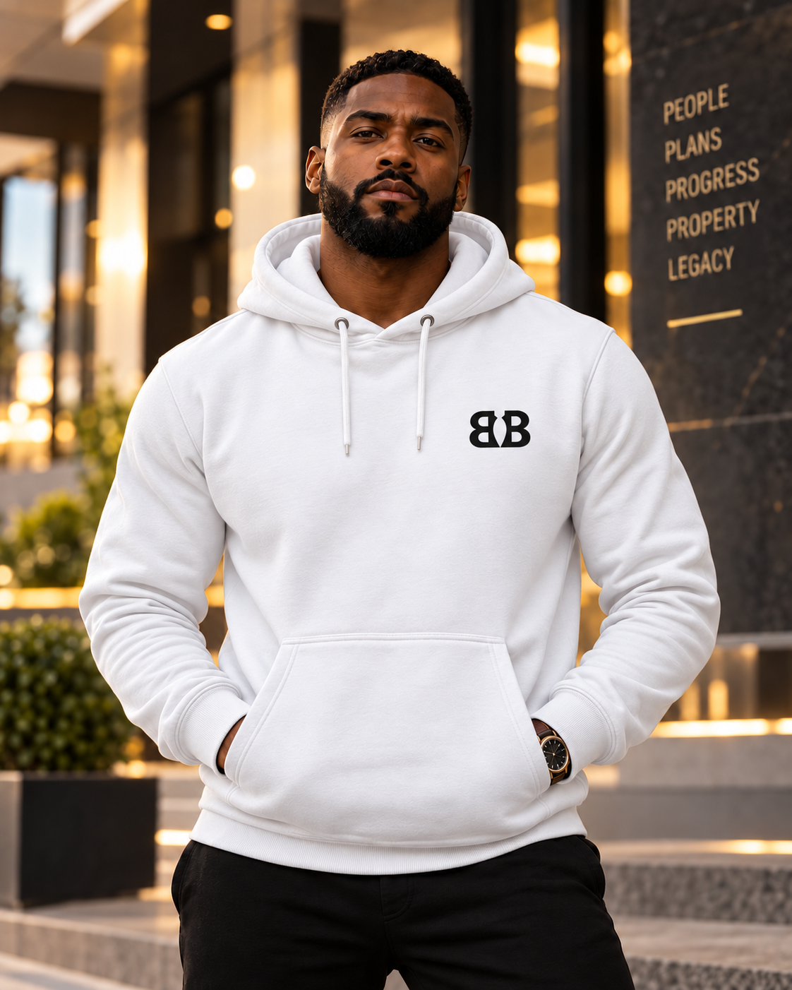 Premium white hoodie with B-B logo
